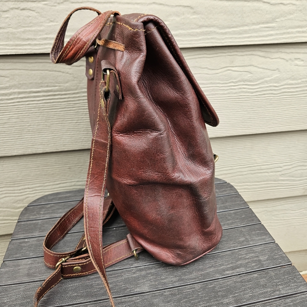 Vintage Camel Tooled Leather Brown Backpack India Unique Flap Top Bag Purse - Picture 6 of 16